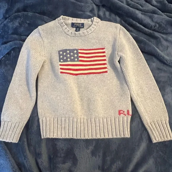 Polo Ralph Lauren Sweater Boys Kids 8 American Flag Gray - Picture 1 of 12